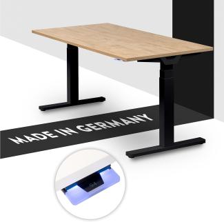 boho office® Premium Line - TÜV geprüfter, elektrisch stufenlos höhenverstellbarer Schreibtisch in Schwarz (RAL9005), inkl. Tischplatte in 140 x 80 cm in Wildeiche (Melamin)