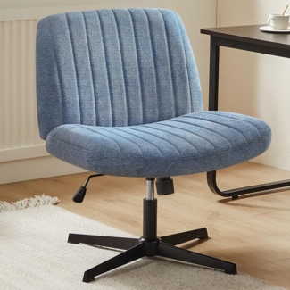 Sweetcrispy Criss Cross Stuhl mit Beinen, Armless Office Desk Chair No Wheels, Vanity Stuhl drehbar, Höhenverstellbare breite Sitz Computer Task Chair, Fabric Vanity Modern Home Stuhl Blau