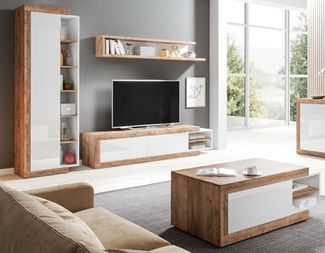 Wohnzimmer-Set Saragossa Anbauwand 4-teilig Grifflos weiß Hochglanz Samdal Eiche