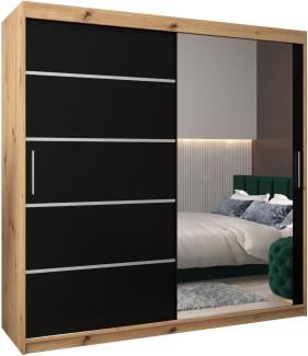 Schwebetürenschrank Verona 2-200 cm mit Spiegel Kleiderschrank mit Kleiderstange und Einlegeboden Schlafzimmer- Wohnzimmerschrank Schiebetüren Modern Design (Artisan Eiche + Schwarz)