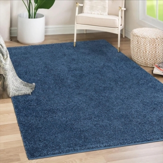 Teppich Wohnzimmer Hochflor Shaggy - 200x200cm - Blau Einfarbig Uni Flauschig Modern Boho Deko Teppiche Weich Schlafzimmer