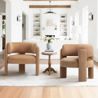 COLAMY Modern Velvet Ohrensessel 2er Set, Gepolsterter Sessel Wohnzimmer, Bequemer Runder loungesessel mit 3 Beinen für Wohnzimmer, Schlafzimmer, Leseecke, Khaki