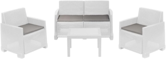 Dmora - Outdoor-Lounge-Set Vieste, Gartenkomposition mit 2 Sesseln, 1 Sofa und 1 Couchtisch, Rattan-Effekt mit Kissen, 100% Made in Italy, Weiß