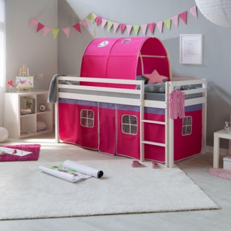 Hochbett mit Lattenrost 90x200 Spielbett Kinderbett Tunnel Vorhang pink Holz Kiefer Jugendbett