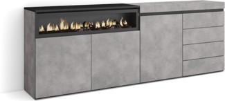 Skraut Home | Sideboard, Kommode | Aufbewahrungsschrank | 207 x 75 x 35 cm | Für Schlafzimmer, Zimmer | Elektrokamin. | Kommode mit Schubladen | Moderner Stil | Zement