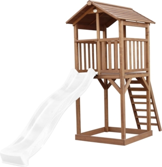 AXI Beach Tower Spielturm aus Holz in Braun Spielhaus für Kinder mit weißer Rutsche und Sandkasten | Braun, weiß | Holz | 349 cm