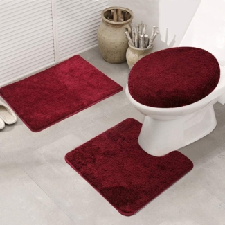 ele ELEOPTION Badematte Set 3 teilig, Waschbar Badezimmerteppich, rutschfeste Badematte Toilettenmatte,Weich Saugfähige Badteppiche und WC Vorleger Duschvorleger (Weinrot)