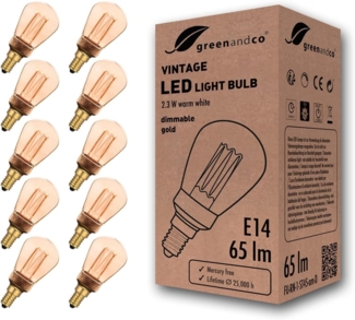 greenandco 10x LED Vintage Glühbirne zur Stimmungsbeleuchtung | dimmbar | E14 ST45 | gold | 2,3W 65lm | 1800K extra warmweiß | 320° | 230V | flimmerfrei | Edison Glühbirne