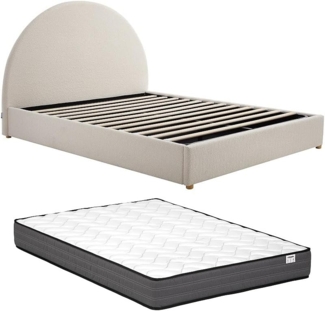 Vente-unique - Bett mit Bettkasten 160 x 200 cm - Bouclé-Stoff - Weiß + Matratze - CALIDORYA