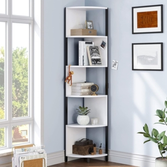 YITAHOME Bücherregal, mit 6 Ebenen, Eckregal stehend, Modern Freistehend, Display-Eck-Bücherregal, Aufbewahrungsregal Holz für Wohnzimmer, Büro, Schlafzimmer, Arbeitszimmer (weiß)