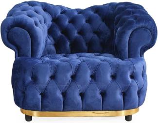 Casa Padrino Luxus Chesterfield Samt Sessel Blau / Gold / Schwarz 110 cm