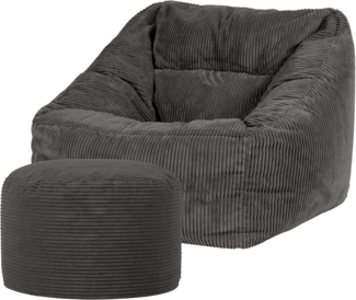 Icon Morgan Sitzsack Sessel mit Runden Hocker, Dunkelgrau, Cord Sessel, Sitzsack Erwachsene mit Füllung, Lounge Sessel, Sessel Wohnzimmer, Sessel Schlafzimmer