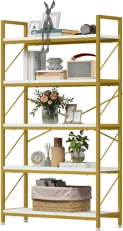 DWVO Hoches Bücherregal, 5 Etagen, industrielles 80 cm breit, 158 cm hoch, großes Holzregal und Metallregal, Aufbewahrungsregal für Wohnzimmer, Heimbüro, Gold