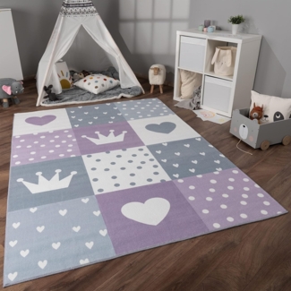 Paco Home Teppich Kinderzimmer Kinderteppich Spielteppich Kurzflor rutschfest Krone Herzen Punkte Sonne Regenbogen Buchstaben, Grösse:80x150 cm, Farbe:Lila