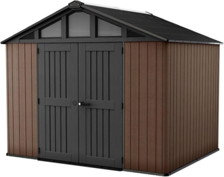 KETER Stronghold 10x8 Gartenhaus braun - Gerätehaus mit 7,1 m² Grundfläche, 6 Fenstern, Doppeltüren, stahlverstärkt, Holzoptik, inkl. Fußboden, 305 x 243 x 251 cm