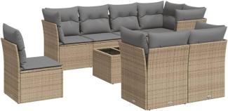 vidaXL 9-tlg. Garten-Sofagarnitur mit Kissen Beige Poly Rattan 3249778