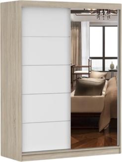 Schiebetürenschrank, eleganter Kleiderschrank Schrank Garderobe Spiegel Vista 05, Schlafzimmer- Wohnzimmerschrank Schiebetüren Modern Design (Sonoma/Weiß)