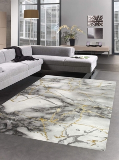 Carpetia Teppich Teppich Marmor Muster mit Glanzfasern grau gold, rechteckig, Höhe: 12 mm