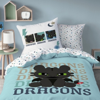 MTOnlinehandel Kinderbettwäsche Dragons Ohnezahn "Toothless Dreams" Renforcé in 135x200 + 80x80 cm •, 100% Baumwolle, 2 teilig, Wendemotiv für Kinder, Drachen, Sterne, Abenteuer