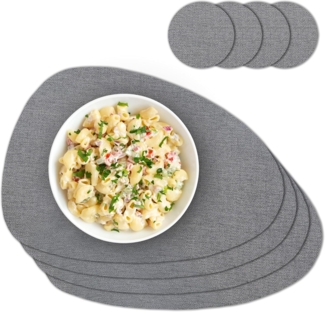 matches21 HOME & HOBBY Platzset Ovales Tischset mit Glasuntersetzer, 4er Set, in Grau meliert, (4-St), Hitzebeständige abwaschbare PVC Platzsets
