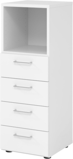 bümö smart Schubladenschrank, Büroschrank in weiß mit 4 Schüben & 1 Regalfach - Bürocontainer aus Holz, Container mit Metallgriffen & Soft-Stop Schubladen, 934S4-W-W-BS