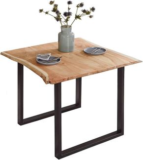 SAM Esszimmertisch 90x90 cm Billy, echte Baumkante, Esstisch aus Akazienholz massiv + naturfarben, Baumkantentisch mit U-Gestell Schwarz