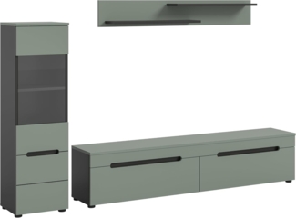 xonox. home - Wohnwandkombination Canu 2tlg. 221 x 141 x 33 cm in Korpus Basalt grau Nb, Front Smoke Green Nb. - Wohnkombination Wohnzimmermöbel Wohnzimmerschrank Möbelkombination Wohnzimmerset