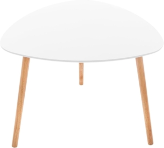 Weißer Beistelltisch im skandinavischen Stil, 3 schräge Beine und dreieckige Platte mit konturierten Kanten, 65 x 65 x 12