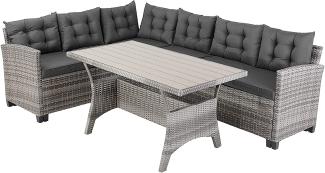 Casaria Gartenlounge-Set Lissabon, Polyrattan WPC Esstisch Eckbank 15cm Kissen 7cm Auflagen Wetterfest