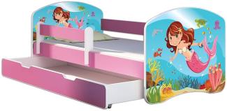 Kinderbett Jugendbett mit einer Schublade und Matratze Rausfallschutz Rosa 70 x 140 80 x 160 80 x 180 ACMA II (09 Meerjungfrau, 70 x 140 cm + Bettkasten)