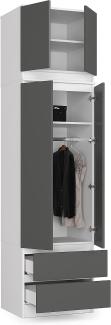 BDW Kleiderschrank mit Aufsatz, 4-türiger Kleiderschrank, 2 Schubladen, Kleiderschrank für das Schlafzimmer, Wohnzimmer, Flur, 234 x 60 x 51 cm (Weiß/Grau)