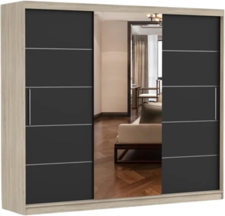Schwebetürenschrank Alba 250 cm, Schiebetürenschrank mit Spiegel, Kleiderschrank mit Kleiderstange und Einlegeboden, Schlafzimmerschrank, Schiebetüren, Modern Design (Sonoma/Schwarz)