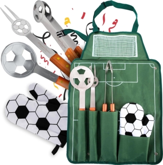deluxe4home Grillbesteck-Set Fußball Grillbesteck I Grillset BBQ Tools mit Grillschürze, (5 tlg, Set), inkl. Grillzange, Fleischgabel, Grillwender und Topfhandschuh
