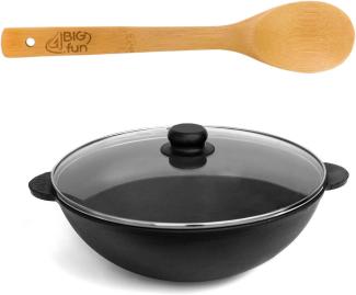 Wok Ø28 cm Wokpfanne 3,7 L Bratpfanne Gusseisen Glasdeckel Kasan Asia Schmortopf Grill