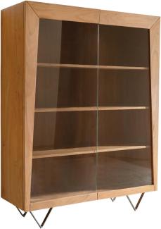 Highboard Kayu 115x150 cm Akazie Natur Vitrine 2 Türen V-Fuß