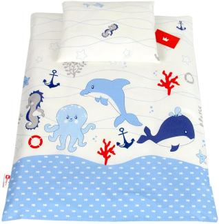 BABYLUX 2 tlg. Set Bezug für Kinderwagen Stubenwagen oder Wiege Garnitur Bettwäsche Kissen Decke 60 x 78 cm (74. Fische Blau)