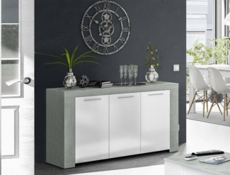 Dmora - Bellevue-Sideboard, Wohnzimmer-Buffet, TV-Schrank, Sideboard für Wohnzimmer, moderner Kleiderschrank mit 3 Türen, 144 x 42 x 80 cm, Zement und Weiß
