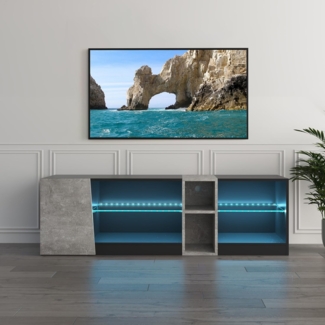 Mondeer TV Schrank, LED TV Lowboard Fernsehtisch mit 5 offenen Fächern und 1 Tür Geeignet, für Wohnzimmer Schlafzimmer, B140 x H45 x T37,5 cm, Schwarz und Grau