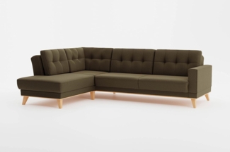CAVADORE Ecksofa Lima mit Ottomane / Couch in L-Form mit Schlaffunktion + Bettkasten / Holzrahmen + Steppung im Rücken / Strukturstoff, Grün