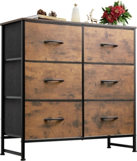 WLIVE Kommode mit 6 Schubladen aus Stoff, Kommodenschrank für Schlafzimmer, Kommode Wohnzimmer, mit Stabiler Stahlrahmen, Holzplatte, Vintagebraun-Schwarz