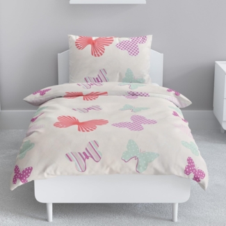 LINKHOFF Kinderbettwäsche Schmetterling Bettwäsche 135x200, 100% Baumwolle Mädchenbettwäsche Schmetterlinge Rosa Butter + Kissen