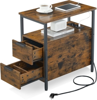 VASAGLE Beistelltisch, 2er Set, Nachttisch mit Steckdosenleiste, 2 Schubladen, Sofatisch, Nachtschrank für Wohnzimmer, Schlafzimmer, vintagebraun-klassikschwarz LCT648B01