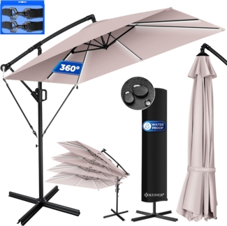 KESSER® 'Holly' Ampelschirm ohne LED Solar, inkl. Ständer, Abdeckung & Windsicherung mit Kurbel, Aluminium taupe, Ø 350 cm