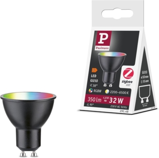 Paulmann 29148 Standard 230V Smart Home Zigbee LED Reflektor GU10 350lm 4,8W RGBW+ dimmbar Schwarz matt Leuchtmittel, 2.4 GHz, 350Lm ~ 32W