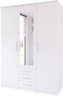 Schwebetürenschrank Szantal 3D mit Spiegel, Kleiderschrank mit DREI Schubladen, Kleiderstange und Einlegeböden, Schlafzimmerschrank, Schiebetüren, Modern Design (Weiß/Weiß)