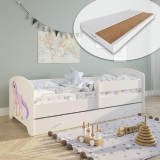Kids Collective Kinderbett 160x80 cm mit Matratze und Schublade, Rausfallschutz & Lattenrost mit Einhorn Design, Bett für Jungen und Mädchen, Einhorn