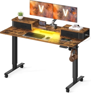 Vasagle Höhenverstellbarer Schreibtisch elektrisch, 60x140 x (72-120) cm, stufenlos verstellbar, mit Monitorständer, Haken, Memory-Funktion, vintagebraun