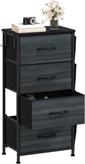 DWVO Kommode mit 4 Schubladen, langlebiger Schrank mit Haken & Seitentaschen, Stoffschubladen mit Griffen, Robustes Metallgestell, Holzmaserung Anthrazit Schwarz