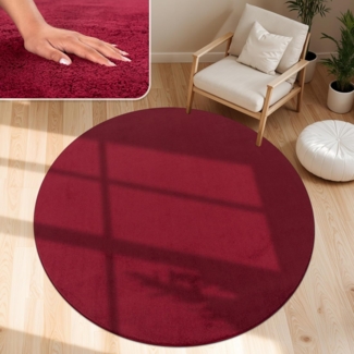 Paco Home Waschbarer Teppich Wohnzimmer Schlafzimmer Kurzflor rutschfest Flauschig Weich Moderne Einfarbige Muster, Grösse:200 cm Rund, Farbe:Rot
