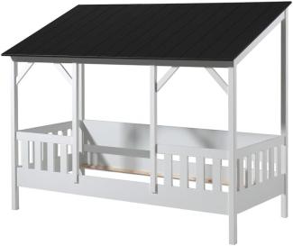 Hausbett inkl. Rolllattenrost, Liegefläche 90 x 200 cm, Ausf. weiß teilmassiv Dach in Schwarz